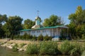 Kalach-on-Don. Russia-September 8, 2019. The floating church of Innocent, Metropolitan of Moscow in the History of Russia park in