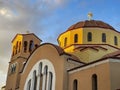 KALAMATA, GREECE - JANUARY 2022: Urban view of Taxiarches church in Kalamata, Greece. It is the largest sacred temple in the town