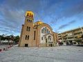 KALAMATA, GREECE - JANUARY 2022: Urban view of Taxiarches church in Kalamata, Greece. It is the largest sacred temple in the town