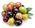 Kalamata, green and black olives isolated on white background