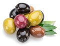 Kalamata, green and black olives isolated on white background