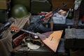 Kalashnikov AK 47 with ammunitions on army box background Royalty Free Stock Photo