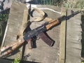 Kalashnikov AK-74 assault rifle on an ammunition box Royalty Free Stock Photo