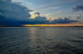 Kalasin, Thailand - September 13, 2019 : Fishermen work on lake after tropical cyclone