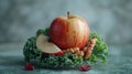 Kale leaf with apple slice, walnut half, and dried cranberry, floating against a neutral background Royalty Free Stock Photo