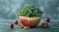 Kale Leaf with Apple Slice, Walnut Half, and Dried Cranberry, Floating Against a Neutral Background Royalty Free Stock Photo