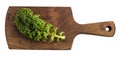 Kale leafy vegetable closeup on wooden cutting board