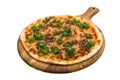 Kale quinoa pizza isolated on wooden cutting board on plain white background side view of fastfood Royalty Free Stock Photo