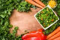 Kale salad in bowl with carrot, pepper and sweet corn Royalty Free Stock Photo