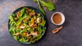Kale salad with chicken fillet and blueberries. Long banner format, top view