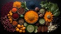 kaledioscope of colorful spices and herbs generated AI