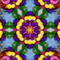 Kaleidoscope with bright, colorful flowers circular shape.