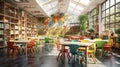 Kaleidoscope Classroom. Kindergarten Classroom With Tables, Multi Colored Chairs And Walled Garden. Generative AI Royalty Free Stock Photo