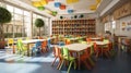 Kaleidoscope Classroom. Kindergarten Classroom With Tables, Multi Colored Chairs And Walled Garden. Generative AI Royalty Free Stock Photo