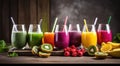 A Kaleidoscope of Colorful Smoothies and Fresh Ingredients on a Rustic Canvas. Generative AI