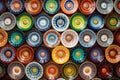 a kaleidoscope of painted ceramic plates arranged by color