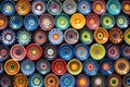 a kaleidoscope of painted ceramic plates arranged by color