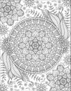 Kaleidoscope Symmetrical Flowery Symbol Colorless Line Drawing. Geometrically Circular Equal Mandala Flower Petals
