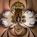 Kaleidoscope view of gothic church interior, little planet effec Royalty Free Stock Photo