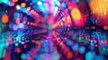 A kaleidoscopic array of neon hues dance in the background forming an enigmatic labyrinth that beckons with its alluring