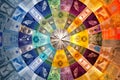 Kaleidoscopic of different currencies from around the world. Visually striking composition symbolize the global nature Royalty Free Stock Photo