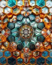 A kaleidoscopic geometric pattern with hexagonal shapes and a complex, symmetrical design