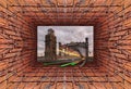 Kaleidoscopic gradient 3D view of old tunnel with brick wall and dry ivy entering into famous city river steel crossover entitled Royalty Free Stock Photo
