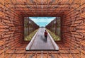 Kaleidoscopic gradient 3D view of old tunnel with brick wall Royalty Free Stock Photo