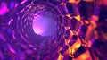 A kaleidoscopic swirl of vibrant hexagonal shapes on a deep purple background