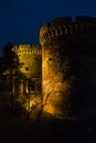 Kalemegdan fortress gate with towers and a wooden bridge at night in Belgrade Royalty Free Stock Photo