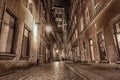 Kaletnicza street in Gdansk, mysterious old European street in the Old Town, Poland, night view Royalty Free Stock Photo