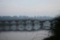 Kali Progo river in Yogyakarta with the bridge during the morning.