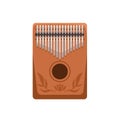 Kalimba, traditional music instrument from Africa. African folk wooden mbira with metal tines and hole. Colored flat