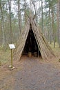 KALININGRAD REGION, RUSSIA. Shalash - dwelling of ancient people of the Neolithic era reconstruction. The territory of the Visit