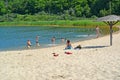 KALININGRAD REGION, RUSSIA. Children bathe and sunbathing on a sandy beach