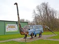 KALININGRAD REGION, RUSSIA. Art object `Avtozavr` from old car parts on the territory of the Mu Mu Ka Garbage Museum. Sosnovka vil