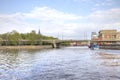 Kaliningrad. River Pregolya, Green Bridge and the ancient building of the exchange Royalty Free Stock Photo