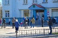 KALININGRAD, RUSSIA. People observe social distance before entering the post office. Coronavirus epidemic COVID--19 in Russia