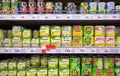 Canned food on shelves of local Russian supermarket