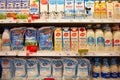 Milk products on shelves of local Russian supermarket.