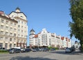 KALININGRAD, RUSSIA. Oktyabrskaya Street overlooking the historical and ethnographic complex `Fish Village` Royalty Free Stock Photo