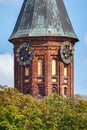 KALININGRAD, RUSSIA - AUGUST 22, 2019: View of neogothic red bricks tower of the famous historical Konigsberg Cathedral church of