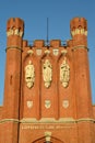 KALININGRAD, RUSSIA. The central fragment of King`s Gates against the background of the sky. Russian text `King`s Gates`