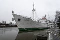 Large ship VITYAZ on water of Pregolya river. Exhibit of Museum World Ocean. Research vessel