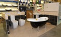 KALININGRAD, RUSSIA. Exhibition stand with samples of plumbing goods in the finishing materials store