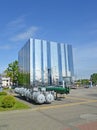 KALININGRAD, RUSSIA. Exposition of naval weapons against the background of the exhibition pavilion `Cube of Water.` Museum of the