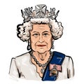 Queen of UK Elizabeth II. Sketch Portrait Drawing Illustration