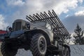 Russian multiple rocket launcher artillery BM-13 `Katyusha` mounted on soviet military truck, missile artillery combat vehicle