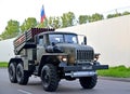 KALININGRAD, RUSSIA. The fighting vehicle BM-21 RSZO `Tornado-G` on the basis of the Ural truck moves on a parade rehearsal in ho Royalty Free Stock Photo