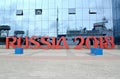 KALININGRAD, RUSSIA. Installation of the inscription RUSSIA 2018 against the building of Museum of the World Ocean